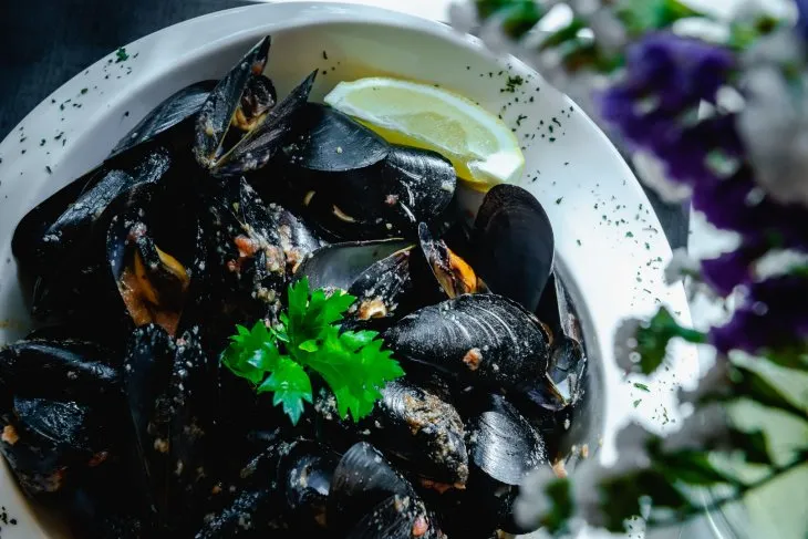  a plate of mussels in souse of white wine and breadcrumbs with parsley as garnish 